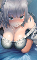 Rule 34 | 1girl, bad id, bad twitter id, blush, bow, braid, breasts, cleavage, fumihiko (fu mihi ko), green eyes, hat, highres, hololive, hololive fantasy, kneeling, large breasts, looking at viewer, off-shoulder sweater, off shoulder, on bed, on one knee, open mouth, shirogane noel, shirogane noel (casual), short hair, silver hair, smile, sweat, sweater, virtual youtuber, white sweater
