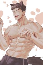 Rule 34 | 1boy, abs, animal ears, bare pectorals, brown hair, closed eyes, collarbone, dog boy, dog ears, dog tail, grin, groin, hands up, highres, light blush, male focus, mole, mole on cheek, muscular, muscular male, navel, nipples, open mouth, original, pangpang 0327, paw print, paw print background, pectorals, short hair, smile, solo, tail, topless male, very short hair