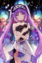 Rule 34 | 1girl, bare shoulders, blush, breasts, choker, crying, crying with eyes open, dress, euryale (fate), fate/grand order, fate/hollow ataraxia, fate (series), feathers, hairband, head tilt, highres, jewelry, lolita hairband, long hair, looking at viewer, necomi, hugging object, open mouth, purple eyes, purple hair, sidelocks, signature, smile, solo, tears, thighlet, twintails, very long hair, white dress