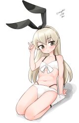 Rule 34 | 1girl, absurdres, bikini, black hairband, blonde hair, dated, front-tie bikini top, front-tie top, grey eyes, hairband, highres, kantai collection, layered bikini, leaning back, long hair, looking at viewer, maru (marg0613), official alternate costume, one-hour drawing challenge, seiza, shimakaze (kancolle), simple background, sitting, socks, solo, swimsuit, v, white background, white bikini, white socks