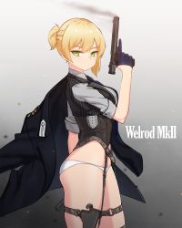Rule 34 | 1girl, arm at side, black gloves, black jacket, black vest, bolt action, braid, character name, closed mouth, corset, cowboy shot, french braid, from side, girls&#039; frontline, gloves, gradient background, grey background, grey shirt, gun, half gloves, handgun, highres, holding, holding gun, holding weapon, holster, index finger raised, integral suppressor, integrally-suppressed firearm, jacket, looking at viewer, looking to the side, manual firearm, narynn, no pants, open clothes, open jacket, panties, pinstripe pattern, pinstripe vest, serious, shirt, short ponytail, short sleeves, smoke, solo, standing, striped, suppressor, thigh holster, thigh strap, thighs, trigger discipline, tsurime, underwear, v-shaped eyebrows, vertical stripes, vest, weapon, welrod, welrod mk ii, welrod mkii (girls&#039; frontline), white panties