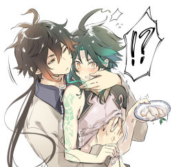 Rule 34 | !?, 2boys, ahoge, arm tattoo, bare shoulders, black hair, blush, brown hair, collared shirt, dropping, earrings, facial mark, food, forehead mark, genshin impact, gradient hair, green hair, groping, hair between eyes, hand on another&#039;s chest, hand on another&#039;s face, hesobellyb, holding, holding plate, implied yaoi, jewelry, long hair, long sleeves, male focus, multicolored hair, multiple boys, open mouth, parted bangs, plate, shirt, simple background, single earring, sleeveless, spoon, sweat, tattoo, tofu, twitching, utensil, wide-eyed, xiao (genshin impact), yellow eyes, zhongli (genshin impact)