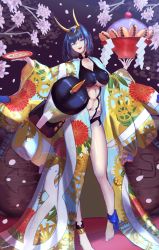 Rule 34 | 1girl, abs, absurdres, barefoot, blender (object), blue hair, bob cut, breasts, cherry blossoms, cosplay, cup, erasorpepero, fate/grand order, fate (series), food, highres, hololive, hololive english, horns, japanese clothes, kimono, large breasts, ouro kronii, sakazuki, sandwich, short hair, shuten douji (fate), shuten douji (fate) (cosplay), virtual youtuber