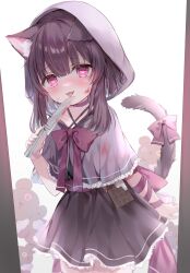 Rule 34 | 1girl, :p, absurdres, animal ear fluff, animal ears, black hair, black skirt, bow, capelet, cat ears, cat girl, cat tail, closed mouth, commentary request, fallenshadow, fang, frilled capelet, frills, grey capelet, heart, heart-shaped pupils, highres, holding, holding knife, hood, hood up, hooded capelet, indie virtual youtuber, knife, looking at viewer, pink eyes, purple bow, rucaco, skirt, smile, solo, stuffed animal, stuffed toy, stuffing, symbol-shaped pupils, tail, tail bow, tail ornament, teddy bear, tongue, tongue out, virtual youtuber, white background