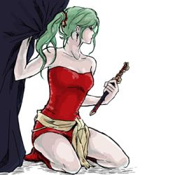 Rule 34 | 1990s (style), bad id, bad pixiv id, dagger, dress, earrings, final fantasy, final fantasy vi, green hair, jewelry, knife, lowres, mako (artist), ponytail, red dress, retro artstyle, sitting, solo, tina branford, weapon