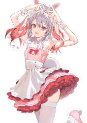 Rule 34 | 1girl, :d, animal ears, apron, bare shoulders, commentary, commission, detached collar, dress, finger heart, foot out of frame, hair ornament, hairclip, high heels, highres, kitada mo, long hair, looking at viewer, maid, maid headdress, nail polish, open mouth, original, petticoat, pink dress, pink footwear, pink hair, pink nails, rabbit ears, rabbit girl, rabbit tail, red eyes, skindentation, sleeveless, sleeveless dress, smile, solo, symbol-only commentary, tail, thighhighs, twintails, white apron, white background, white hair, white thighhighs, wrist cuffs