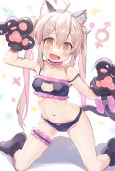 Rule 34 | 1girl, @ @, ahoge, animal ear fluff, animal ears, animal hands, bare shoulders, bell, black bra, black panties, blonde hair, blush, bow, bra, breasts, cat cutout, cat ears, cat tail, cleavage cutout, clothing cutout, commentary, fang, frilled bra, frilled panties, frills, genderswap, genderswap (mtf), gloves, hair between eyes, hands up, highres, jingle bell, kirushi (killcy), kneeling, long sleeves, looking at viewer, male-female symbol, multicolored hair, navel, onii-chan wa oshimai!, open mouth, orange eyes, oyama mahiro, panties, paw gloves, paw pose, paw shoes, pink bow, pink hair, simple background, skin fang, small breasts, solo, strap slip, symbol-only commentary, tail, tail bell, tail bow, tail ornament, tears, twintails, two-tone hair, underwear, underwear only, wavy mouth, white background