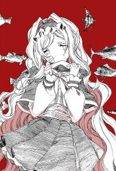 Rule 34 | 1girl, bandage on face, bandages, capelet, character request, commentary, copyright request, cowboy shot, fish, gas wf, greyscale with colored background, highres, long hair, long sleeves, neck ribbon, pleated skirt, red background, ribbon, sash, shirt, simple background, skirt, solo, wavy hair