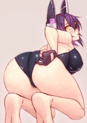 Rule 34 | 10s, 1girl, adjusting clothes, adjusting swimsuit, all fours, ass, barefoot, black one-piece swimsuit, blush, breasts, eyepatch, female focus, fingerless gloves, from behind, gloves, headgear, impossible clothes, impossible swimsuit, kantai collection, large breasts, looking back, one-piece swimsuit, purple gloves, purple hair, short hair, simple background, soles, solo, swimsuit, tenryuu (kancolle), yellow eyes, yuuji (and)