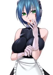 Rule 34 | 1girl, aebafuti, apron, bare shoulders, blue hair, breast press, breasts, gloves, green eyes, highres, large breasts, looking at viewer, open mouth, short hair, simple background, solo, standing, white background