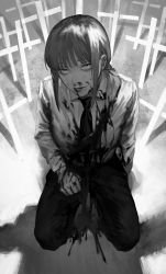 Rule 34 | 1girl, bleeding, blood, blood on clothes, blood on face, blunt bangs, chainsaw, chainsaw man, clenched hand, collared shirt, cross, denji (chainsaw man), dress shirt, expressionless, from above, full body, greyscale, half-closed eyes, hand on own thigh, highres, injury, latin cross, long sleeves, looking at viewer, makima (chainsaw man), monochrome, necktie, nosebleed, out of frame, pants, parted lips, ringed eyes, seiza, seki (fyfyfy), shadow, shirt, shirt tucked in, sitting, solo focus, spoilers, sweatdrop