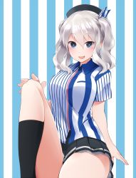 Rule 34 | 10s, 1girl, :d, bad id, bad pixiv id, blue eyes, blush, breasts, clerk, curvy, employee uniform, hair ribbon, hat, highres, kantai collection, kashima (kancolle), large breasts, lawson, long hair, looking at viewer, open mouth, ribbon, shirt, silver hair, sitting, smile, solo, striped background, striped clothes, striped shirt, suruga (xsurugax), thick thighs, thighs, uniform, vertical-striped clothes, vertical-striped shirt