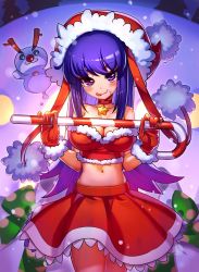 Rule 34 | 00s, 1girl, bad id, bad pixiv id, bare shoulders, breasts, candy, candy cane, cleavage, food, gloves, hat, highres, large breasts, long hair, maplestory, midriff, mimitoke, purple eyes, purple hair, santa hat, solo