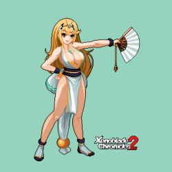 Rule 34 | 1girl, arm guards, bouncing breasts, breasts, cosplay, fatal fury, folding fan, hand fan, large breasts, mythra (xenoblade), ninja, pelvic curtain, pixel art, redforge, revealing clothes, shiranui mai, shiranui mai (cosplay), the king of fighters, xenoblade chronicles (series), xenoblade chronicles 2
