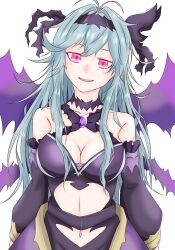 Rule 34 | 1girl, bad id, bad twitter id, bare shoulders, blue hair, breasts, carbon pad, chaos aurora (grimms notes), collarbone, detached sleeves, gem, grimms notes, hair ribbon, highres, long hair, medium breasts, messy hair, midriff, navel, open mouth, purple gemstone, red eyes, ribbon, simple background, smile, solo, teeth, thorns, upper body, upper teeth only, white background