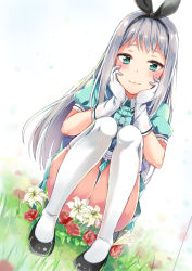 Rule 34 | 10s, 1boy, :3, aqua eyes, aqua shirt, aqua skirt, black footwear, black hair, black hairband, black ribbon, blend s, closed mouth, convenient censoring, dutch angle, flower, flower censor, full body, gloves, grass, hair ribbon, hairband, hands on own cheeks, hands on own face, highres, kanzaki hideri, knees to chest, knees up, konka, lily (flower), long hair, looking at viewer, male focus, on grass, on ground, panties, pantyshot, puffy short sleeves, puffy sleeves, ribbon, rose, shirt, shoes, short sleeves, silver hair, sitting, skirt, smile, solo, thighhighs, trap, underwear, upskirt, white gloves, white panties, white thighhighs