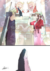Rule 34 | 1girl, 2boys, aerith gainsborough, belt, blonde hair, blue eyes, blue pants, blue shirt, bracelet, braid, braided ponytail, breasts, buster shirt, chibi, closed eyes, cloud strife, colosseum, cropped jacket, don corneo, dragon, dress, final fantasy, final fantasy vii, final fantasy vii remake, fur trim, gloves, green eyes, hair between eyes, hair ribbon, high five, highres, holding, holding sign, jacket, jewelry, long dress, long hair, medium breasts, moriiiiiiiiiinn, multiple belts, multiple boys, open mouth, pants, parted bangs, parted lips, pink dress, red jacket, ribbon, shirt, short hair, short sleeves, sidelocks, sign, sleeveless, sleeveless turtleneck, smile, spiked hair, square enix, suspenders, teeth, turtleneck, upper body, upper teeth only, wavy hair, weapon, weapon on back, white shirt