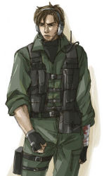 Rule 34 | 1boy, bandages, beard, blood, brown hair, cowboy shot, facial hair, iroquois pliskin, male focus, metal gear (series), metal gear solid 2: sons of liberty, solid snake, solo, standing, uniform, white background