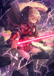 Rule 34 | 1girl, armor, armored boots, artoria pendragon (fate), black coat, black gloves, blonde hair, blue footwear, blurry, boots, braid, breastplate, closed mouth, cloud, cloudy sky, coat, commentary request, crack, cracked floor, depth of field, destruction, double-blade, dual wielding, electricity, energy sword, excalibur (fate/stay night), expressionless, fate/grand order, fate (series), french braid, gloves, glowing, glowing sword, glowing weapon, hair between eyes, hair bun, highres, holding, holding sword, holding weapon, hood, hooded coat, kuroi susumu, leg up, lightsaber, looking at viewer, multicolored eyes, mysterious heroine x alter (fate), mysterious heroine x alter (third ascension) (fate), open clothes, open coat, outdoors, red eyes, revision, short hair, sidelocks, single hair bun, sky, solo, stone, sword, thigh boots, thighhighs, weapon, wind, yellow eyes