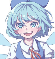 Rule 34 | 1girl, absurdres, blue bow, blue eyes, bow, cirno, collared shirt, eyebrows hidden by hair, hair bow, highres, ice, ice wings, kame (kamepan44231), looking at viewer, neck ribbon, one-hour drawing challenge, open mouth, red ribbon, ribbon, shirt, short hair, simple background, smile, solo, touhou, upper body, white background, white shirt, wings