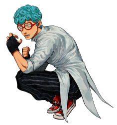 Rule 34 | 1boy, absurdres, blue hair, constricted pupils, curly hair, fingerless gloves, from side, ghiaccio, glasses, gloves, highres, jojo no kimyou na bouken, looking at viewer, ma2 ereki, male focus, pants, red-framed eyewear, shoes, sneakers, solo, squatting, striped clothes, striped pants, vento aureo