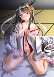 Rule 34 | 10s, 1girl, bad id, bad pixiv id, bare shoulders, blush, breasts, brown hair, female focus, floral print, full-face blush, fusou (kancolle), fusou kai ni (kancolle), hair in own mouth, hair ornament, japanese clothes, kantai collection, kasugano tobari, kimono, large breasts, long hair, looking away, low-tied long hair, mouth hold, navel, open clothes, open kimono, panties, red eyes, sitting, socks, solo, teardrop, tears, underwear, wariza, wavy mouth, white panties, white socks, wide sleeves