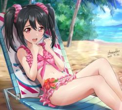 Rule 34 | 1girl, artist name, artist request, bare legs, bare shoulders, bikini, bikini skirt, black hair, blue sky, blush, bow, breasts, cleavage, clenched hands, cloud, collarbone, female focus, flower, hair bow, hair ornament, hair scrunchie, looking at viewer, love live!, love live! school idol festival, love live! school idol project, outdoors, parted lips, pink bikini, pink scrunchie, red eyes, red flower, scrunchie, shamakho, short hair, sky, small breasts, smile, solo, swimsuit, twintails, yazawa nico