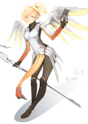 Rule 34 | 1girl, absurdres, angel wings, artist name, blonde hair, blue eyes, blush, breasts, dated, ejieaa, eyebrows, full body, gun, highres, holding, holding gun, holding weapon, looking at viewer, medium breasts, mercy (overwatch), overwatch, overwatch 1, parted lips, short hair, short ponytail, smile, solo, standing, weapon, wings