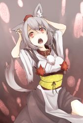 Rule 34 | 1girl, animal ears, bad id, bad pixiv id, bare shoulders, breasts, collar, detached sleeves, female focus, hat, inubashiri momiji, kourindou tengu costume, looking at viewer, open mouth, red eyes, ryota tentei, short hair, silver hair, skirt, solo, tail, tears, tokin hat, torn clothes, touhou, wolf ears, wolf tail