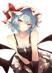 Rule 34 | 1girl, alternate costume, apron, bare shoulders, bat wings, black gloves, black skirt, blue hair, blush, bow, breasts, camisole, collarbone, commentary, gloves, hair between eyes, hat, hat ribbon, head tilt, looking at viewer, mob cap, pink bow, pointy ears, red eyes, red ribbon, remilia scarlet, ribbon, sakusyo, short hair, simple background, skirt, skirt set, small breasts, solo, spaghetti strap, touhou, upper body, v arms, waist apron, white apron, white background, white hat, wings