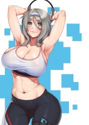 Rule 34 | 1girl, armpits, arms up, bare shoulders, black pants, blush, breasts, cleavage, closed mouth, collarbone, commentary request, contrapposto, cowboy shot, drooling, dumbbell, eyelashes, girls&#039; frontline, gonster, grey eyes, grey hair, hair between eyes, hairband, highres, holding, holding jewelry, holding ring, jewelry, k3 (girls&#039; frontline), large breasts, long hair, looking at viewer, medium hair, navel, pants, ring, ring-con, ring fit adventure, shiny skin, short eyebrows, sidelocks, smile, solo, sports bra, standing, stomach, thigh strap, tight clothes, toned, white hairband, yoga pants