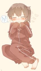 Rule 34 | 1girl, alternate costume, barefoot, blush, borrowed clothes, brown hair, closed eyes, closed mouth, commentary, full body, hair between eyes, hair tie, heart, ina (1813576), jacket, kaga (kancolle), kantai collection, long hair, long sleeves, pants, side ponytail, simple background, sitting, solo, sweatdrop, track jacket, track pants, translation request, zipper
