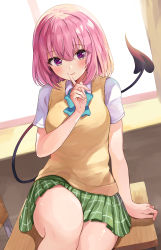 Rule 34 | 1girl, absurdres, arm support, blue bow, blush, bow, breasts, chair, closed mouth, collared shirt, commentary request, day, demon tail, desk, finger to mouth, green skirt, hair between eyes, highres, indoors, looking at viewer, medium breasts, momo velia deviluke, on desk, pink hair, pleated skirt, purple eyes, racchi., school chair, school desk, school uniform, shirt, short sleeves, shushing, sitting, on desk, skirt, smile, solo, sunlight, sweater vest, tail, tail raised, to love-ru, to love-ru darkness, white shirt, window