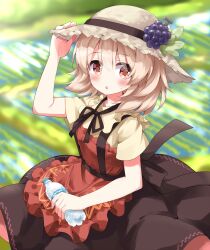 Rule 34 | 1girl, aki minoriko, apron, black skirt, blonde hair, blurry, blurry background, blush, bottle, brown hat, commentary request, grape hat ornament, hat, highres, holding, holding bottle, looking at viewer, open mouth, plastic bottle, red apron, red eyes, ruu (tksymkw), shirt, short hair, short sleeves, skirt, solo, straw hat, sweat, touhou, yellow shirt
