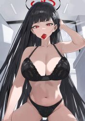 Rule 34 | 1girl, black bra, black hair, blue archive, bra, breasts, cleavage, condom, condom in mouth, cropped, halo, hood (james x), large breasts, long hair, mouth hold, navel, non-web source, red eyes, rio (blue archive), underwear