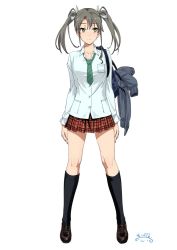 Rule 34 | 10s, 1girl, :3, alternate costume, arms at sides, bag, black footwear, black jacket, black socks, breast pocket, buttons, closed mouth, collarbone, dress shirt, duffel bag, full body, green hair, green necktie, hair ribbon, jacket, unworn jacket, kantai collection, kneehighs, legs apart, loafers, long hair, long sleeves, looking at viewer, miniskirt, necktie, over shoulder, plaid, plaid skirt, pleated skirt, pocket, red skirt, ribbon, school uniform, shirt, shoes, signature, simple background, skirt, smiley face, socks, solo, standing, suna (sandworks), twintails, white background, white ribbon, yellow eyes, zuikaku (kancolle)