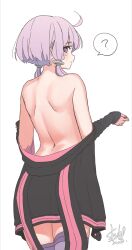 Rule 34 | 1girl, ?, absurdres, ahoge, arched back, bare back, bare shoulders, black jacket, closed mouth, cowboy shot, from behind, hair ornament, hands up, highres, jacket, jacket partially removed, long hair, looking back, no shirt, profile, purple eyes, purple hair, purple thighhighs, shade of trees, short hair with long locks, shoulder blades, sidelocks, signature, simple background, solo, spoken question mark, standing, thighhighs, vocaloid, voiceroid, w arms, white background, yuzuki yukari