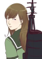 Rule 34 | 10s, 1girl, brown hair, ganto, kantai collection, long hair, looking back, ooi (kancolle), simple background, solo, white background