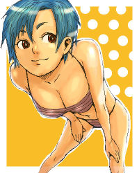 Rule 34 | 1girl, bent over, bikini, blue hair, breasts, cleavage, itou eito, large breasts, leaning forward, lowres, original, red eyes, short hair, smile, solo, swimsuit