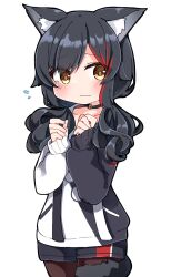 Rule 34 | 1girl, 1other, animal ears, black choker, black hoodie, black pantyhose, black shorts, brown eyes, chibi, choker, clenched hands, cowboy shot, embarrassed, flying sweatdrops, hair over one eye, hololive, hood, hoodie, long hair, long sleeves, looking at viewer, low twintails, multicolored hair, official alternate costume, official alternate hair length, official alternate hairstyle, ookami mio, ookami mio (casual), pantyhose, rabiiandrain, red hair, short shorts, shorts, simple background, sleeves past wrists, solo, streaked hair, swept bangs, tail, tail around own leg, tail wrap, tearing up, twintails, two-tone hoodie, virtual youtuber, white background, white hoodie, wolf ears, wolf girl, wolf tail, yellow eyes