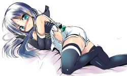 Rule 34 | 10s, 1girl, :t, aqua eyes, black gloves, black thighhighs, blue hair, blush, elbow gloves, gloves, kantai collection, long hair, looking at viewer, lying, no shoes, on side, personification, sen (astronomy), solo, suzukaze (kancolle), tears, thighhighs, torn clothes