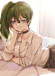 Rule 34 | 1girl, black choker, black skirt, breasts, choker, cleavage, closed mouth, collarbone, collared shirt, commentary request, curtains, dress shirt, green hair, hair between eyes, hand up, highres, long hair, long sleeves, looking at viewer, medium breasts, mito (go!go!king!), pleated skirt, purple eyes, shirt, side ponytail, skirt, smile, solo, sousou no frieren, ubel (sousou no frieren), white shirt