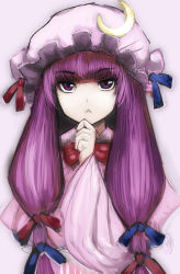 Rule 34 | 1girl, :&lt;, arugeri, blunt bangs, bow, crescent, dress, female focus, hair bow, hand on own chin, hand to own mouth, hat, long hair, patchouli knowledge, purple eyes, purple hair, ribbon, solo, touhou, triangle mouth, tsurime, upper body