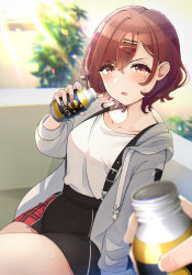 Rule 34 | 1girl, black skirt, blurry, blurry background, blush, brown hair, can, canned coffee, commentary request, drink can, grey jacket, hair ornament, hairclip, highres, higuchi madoka, hood, hooded jacket, idolmaster, idolmaster shiny colors, jacket, long sleeves, looking at viewer, mole, mole under eye, open mouth, pov, pov hands, purple eyes, shirt, short hair, sitting, skirt, solo focus, sunlight, suspender skirt, suspenders, umeume (totoya), white shirt