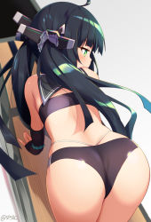 Rule 34 | 1girl, all fours, ass, azur lane, back, bare shoulders, bikini, black bikini, black hair, elbow gloves, fingerless gloves, from above, from behind, gloves, green eyes, hair ornament, hair scrunchie, headgear, i-58 (azur lane), long hair, looking to the side, revision, sailor collar, scrunchie, sidelocks, solo, strapless, supershiruco, swimsuit, tube top, twintails, twitter username, very long hair