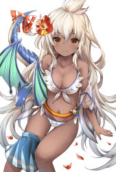 Rule 34 | 10s, 1girl, absurdres, ahoge, alternate costume, arm support, bare arms, bare shoulders, bikini, breasts, cleavage, clothes down, dark-skinned female, dark skin, dragon, flower, frilled bikini, frills, from above, granblue fantasy, hair between eyes, hair flower, hair ornament, hibiscus, highres, long hair, looking at viewer, medium breasts, midriff, navel, red eyes, ribbon, shiodome oji, sitting, skirt, skirt around one leg, smile, solo, stomach, swimsuit, tail, tail ornament, tail ribbon, thigh gap, thighs, white bikini, white hair, zooey (granblue fantasy), zooey (summer) (granblue fantasy)