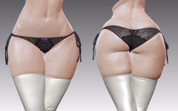 Rule 34 | 1girl, 3d, ass, bad id, bad twitter id, black panties, borrowed character, butt crack, cowboy shot, cropped torso, dimples of venus, gluteal fold, gradient background, head out of frame, highres, leslyzerosix, lower body, multiple views, navel, original, panties, side-tie panties, simple background, thick thighs, thigh gap, thighhighs, thighs, underwear, underwear only, white thighhighs, wide hips