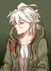Rule 34 | 1boy, brown background, closed mouth, collarbone, danganronpa (series), danganronpa 2: goodbye despair, dated, expressionless, gradient background, green background, green jacket, hair between eyes, hood, hood down, hooded jacket, jacket, komaeda nagito, long sleeves, male focus, meipoi, print shirt, shirt, short hair, simple background, solo, upper body, white hair, white shirt