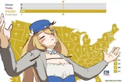 Rule 34 | 1girl, blonde hair, blue headwear, blush stickers, closed eyes, closed mouth, commentary, detached collar, dokibird (vtuber), english commentary, english text, grey jacket, hands up, indie virtual youtuber, jacket, jeb bush, jeb wins (meme), jkterjter (phrase), long hair, long sleeves, map, meme, open clothes, open jacket, ozornayashoujo, photo-referenced, politics, sidelocks, solo, united states, upper body, very long hair, virtual youtuber