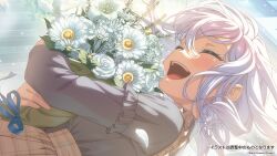 Rule 34 | 1girl, ^ ^, bang dream!, blush, bouquet, brown skirt, closed eyes, commentary request, floating hair, flower, grey shirt, hair between eyes, highres, holding, holding bouquet, kurata mashiro, long sleeves, medium hair, official art, open mouth, shirt, sidelocks, skirt, solo, teeth, translation request, upper body, upper teeth only, white hair